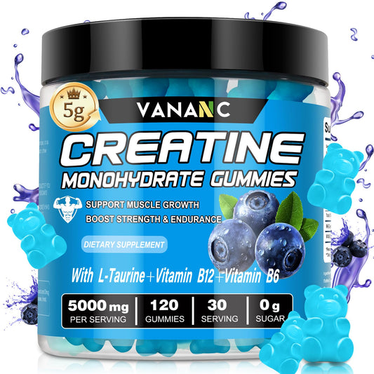 Creatine Monohydrate Gummies 5000g for Men Women, Sugar Free Chewables Creatine Pre-Workout Supplement with L-Taurine + Vitamins for Muscle Strength, Boost Energy & Endurance,120 Gummies-Blueberry