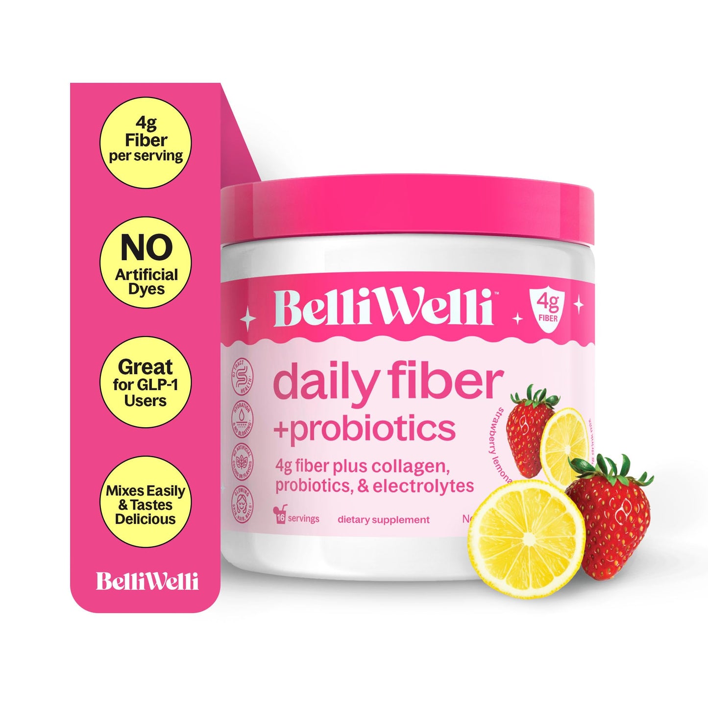 Belli Welli Daily Fiber Supplement Powder with Collagen, Probiotics & Electrolytes | Supports Digestive Health, Gut Balance & Debloating | Strawberry Lemonade | 16 Servings