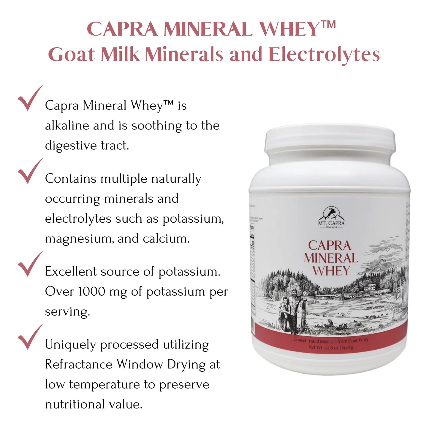 Mt. Capra Mineral Whey | A Whole Food, Bio-Available Mineral/Electrolyte Powder Supplement from Goat Milk Whey, Rich in Potassium, Alkalizing | 56 Servings - 50.8 oz
