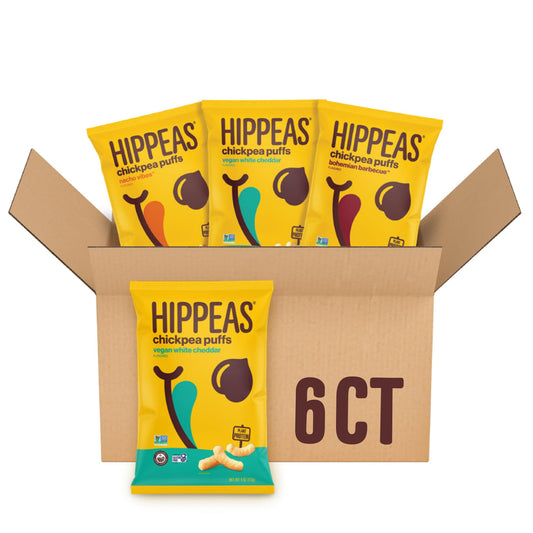 Hippeas Chickpea Puffs Variety Pack Vegan White Cheddar Nacho BBQ 4 Ounce Pack of 6 4g Protein 3g Fiber Vegan GlutenFree Crunchy Plant Protein Snacks