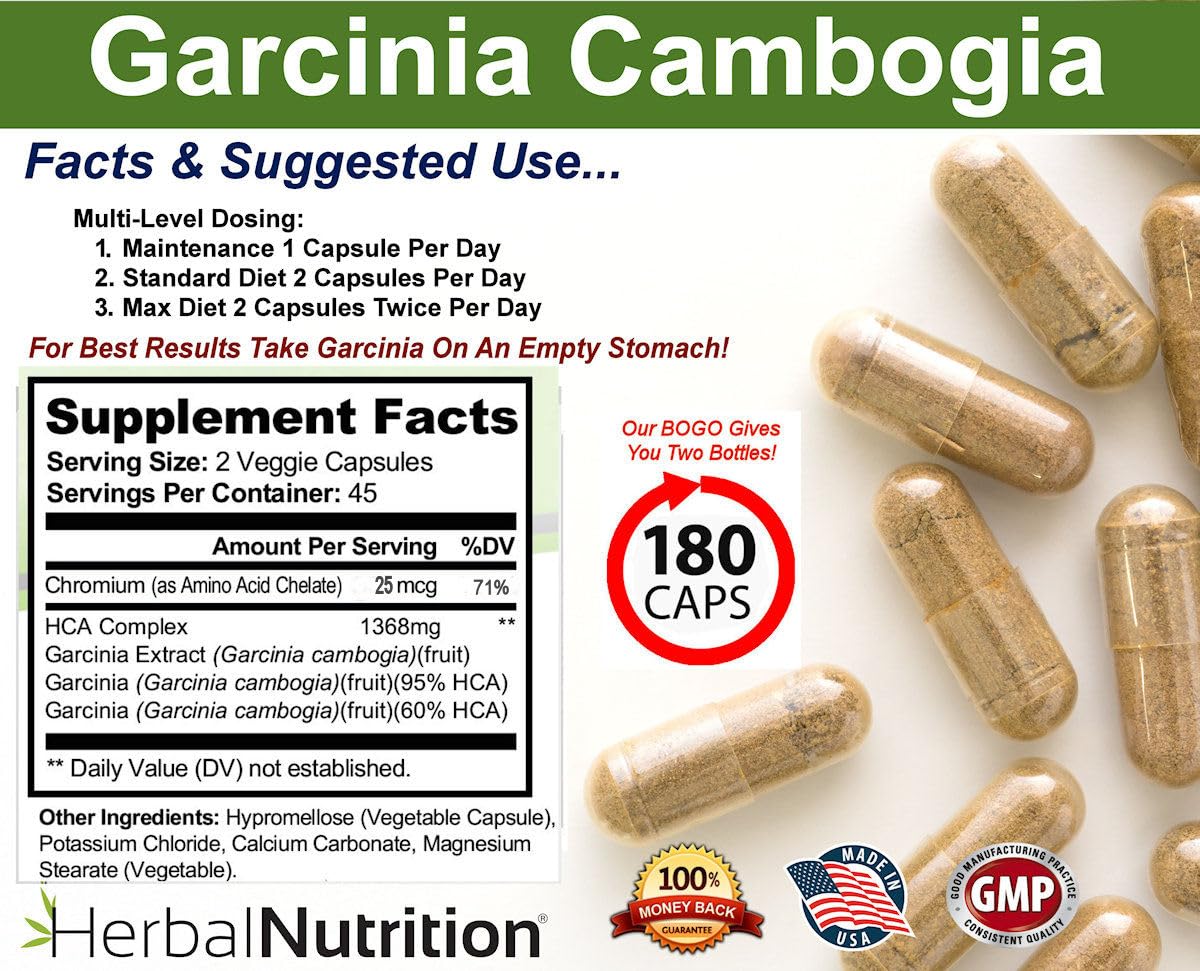 Herbal Nutrition Garcinia Cambogia for Weight Management and Kidney Stone Management, 2, 90 Count Bottles 180 Capsules 60% and 95% HCA Blend Dosing 700mg - 2400mg