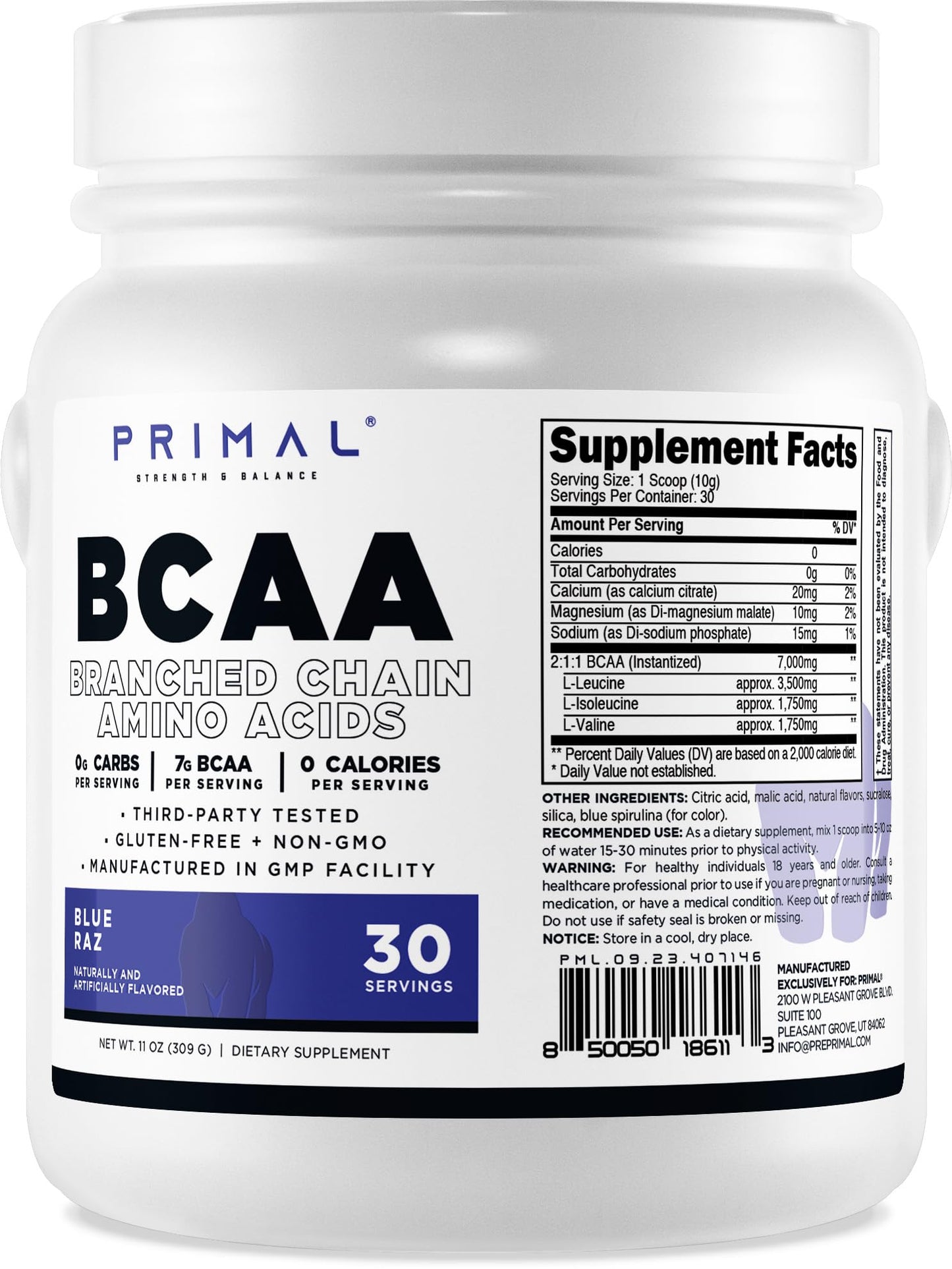 Primal BCAA Powder Blue Raz (30 SERV) (Blue Raspberry Flavored) - 0 g Carbs, 0 Calories, 7g BCAA Per Serving