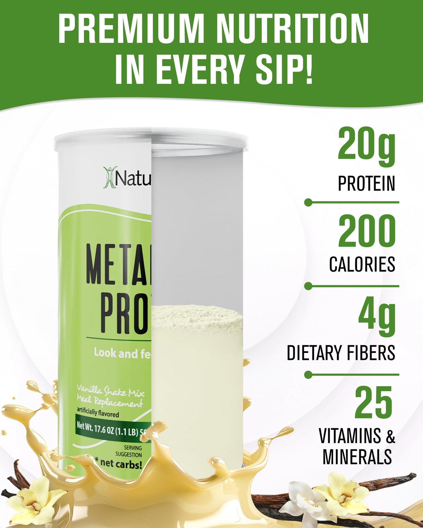 Naturalslim Meal Replacement Protein Powder Vanilla - Metabolic Protein Powder Help Curb Cravings, Hunger & Metabolism Support - Low Carb Breakfast Shake Mix - 10 Servings, 17.6oz