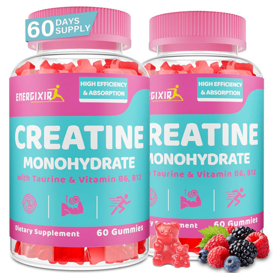 Creatine Monohydrate Gummies, Creatine for Women, Creatine Pre Workout Chewables Supplement with Taurine & B6 - for Muscle, Recovery, Strength, Energy & Endurance and Performance - 120 Count