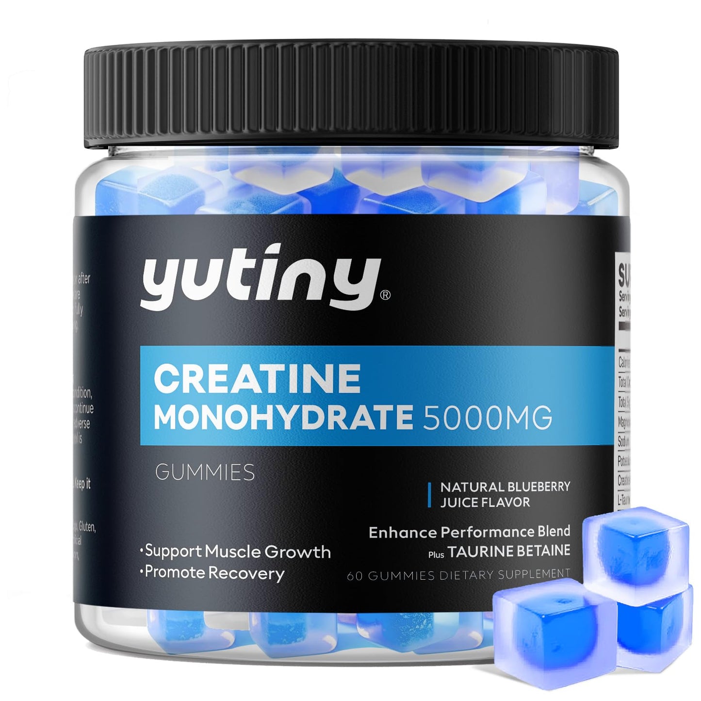 Yutiny Creatine Monohydrate Filled Gummies, Creatine Monohydrate Chews for Men & Women, Extra Strength for Muscle Growth, Blueberry Flavor, 60 Chewables, 1 Month Supply