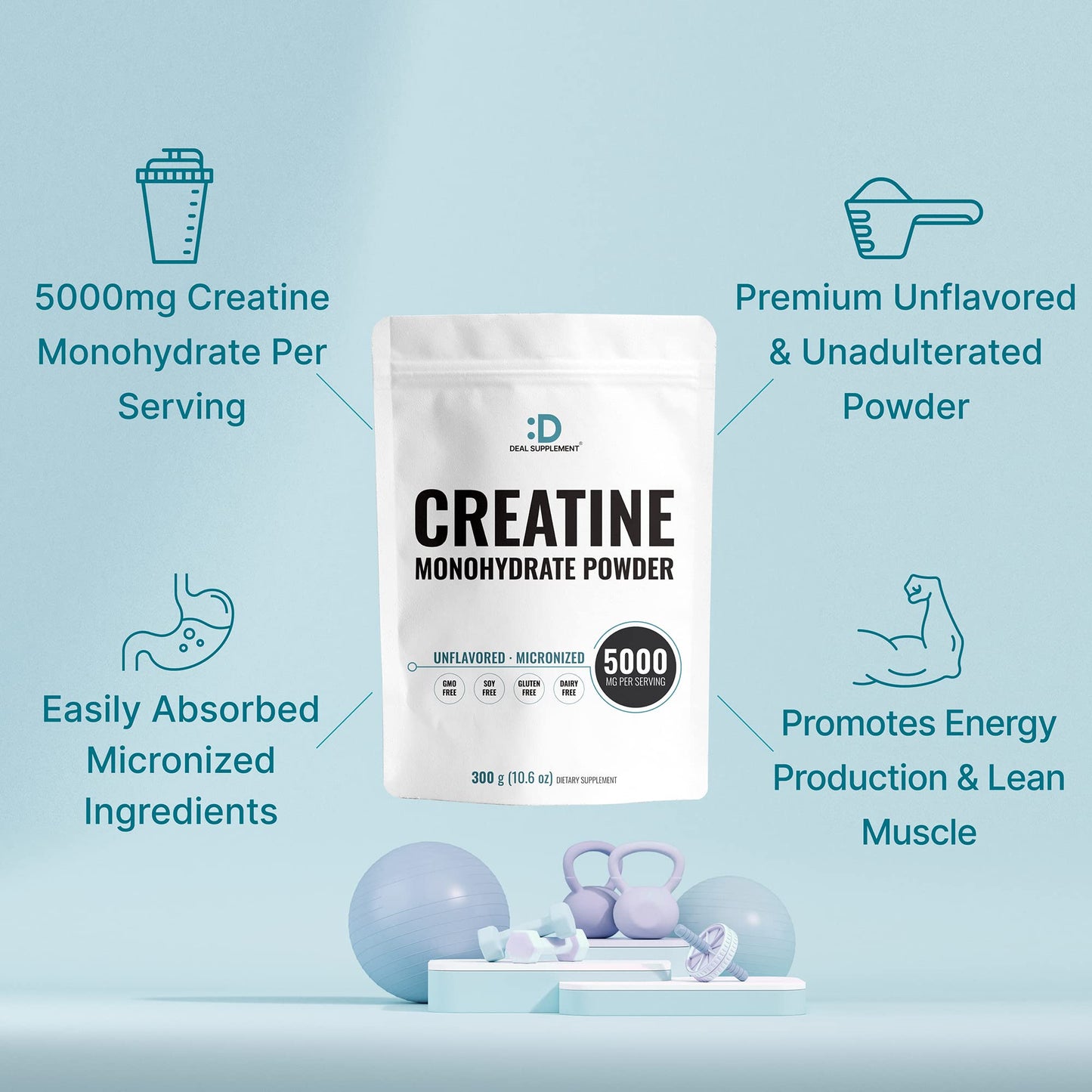 Instant Creatine Monohydrate Powder 60 Servings - 5000mg(5g) Per Serving | Unflavored Micronized Creatine | Strength & Power for High-Intensity MetCon & CrossFit Training | Vegan, Keto | Non-GMO