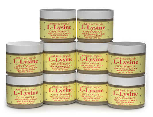 Basic Brands - L-Lysine Ointment - 0.875 oz - Lysine Cold Sore Treatment and Blister Relief - Soothes Chapped Lips and Dry Skin - 10-Pack