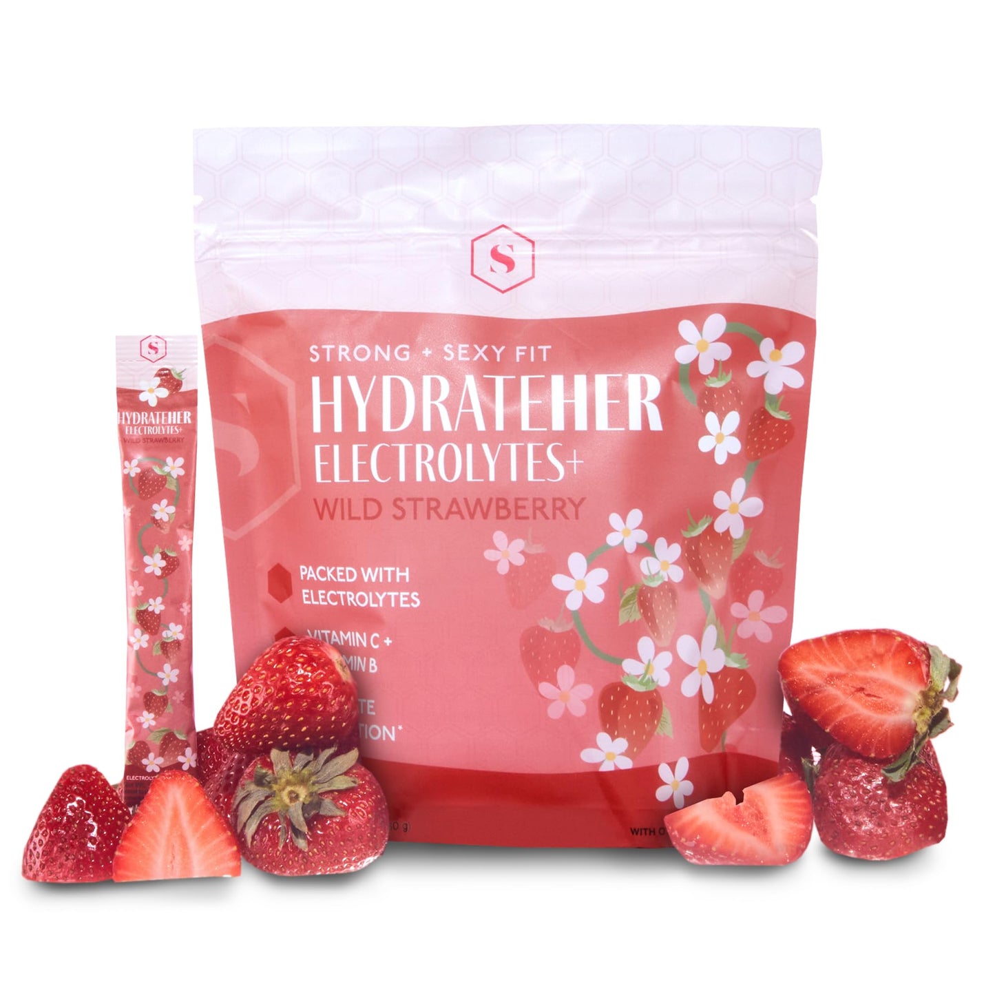 Strong + Sexy Fit HydrateHER Electrolytes+, Electrolyte & Vitamin Powder Drink Mix With Magnesium, Potassium, Vitamin C, B & 500 MG Sodium, On the Go Hydration, Sugar Free, Wild Strawberry, 30 Packets