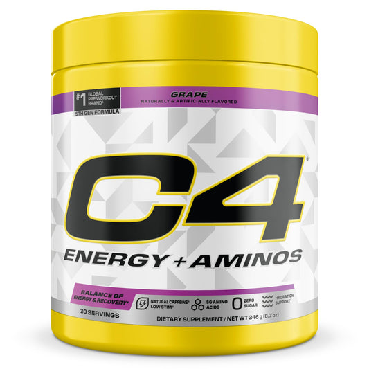 Cellucor C4 Energy + Aminos Powder | 5g BCAAs & EAAs for Muscle Recovery, 3 Electrolytes for Hydration, 100mg Natural Caffeine | Pre Workout | Zero Sugar, 30 Servings, Grape