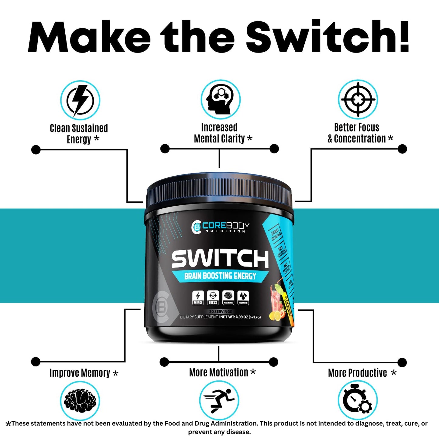 Switch, Brain Boosting Nootropic Energy Supplement, Increase Mental Focus & Cognitive Function, Enhances Mood & Memory, Alpha GPC, Ashwagandha, Sugar Free Energy Powder-Keto