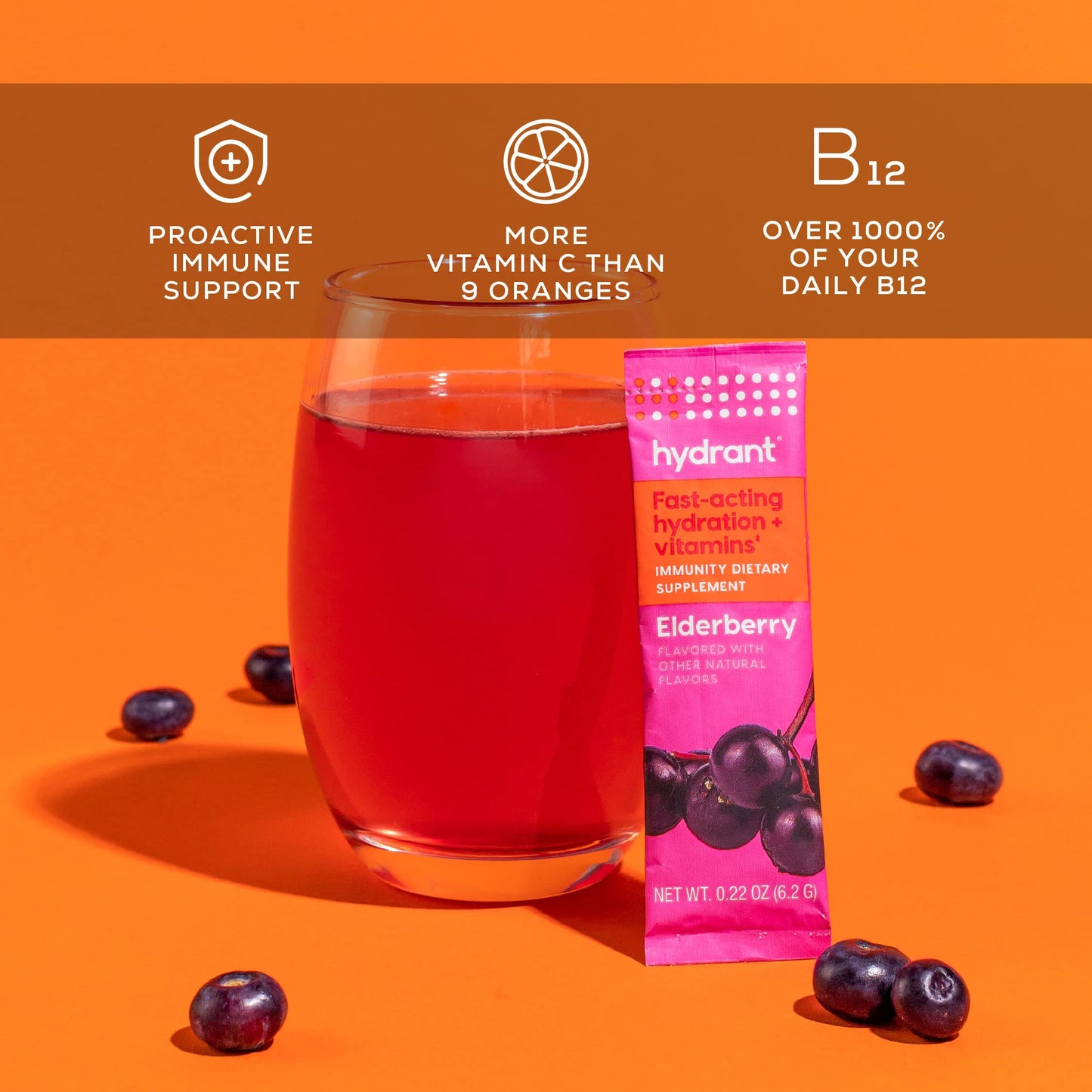 Hydrant Immunity, Individual Immune Hydration Powder Stick Packets with Vitamin C, Vitamin D, and Zinc for Electrolyte and Energy Support (Elderberry, 30 Count)