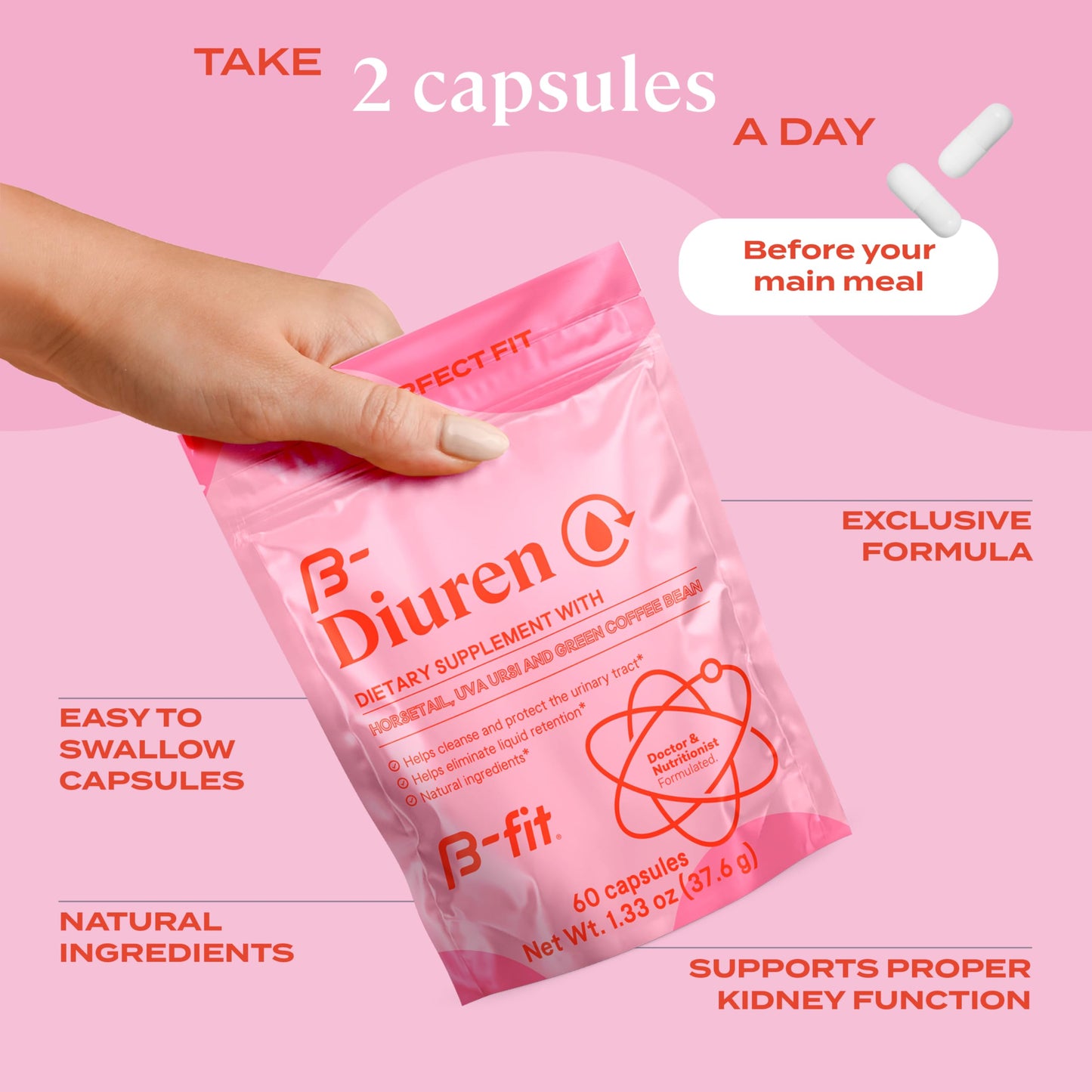 B-FIT B Diuren - Diuretic Capsules with Caffeine, Horsetail Herb and Uva Ursi - 60 Capsules with Natural Extracts - Horsetail Supplement - Best Diuretics for Water Retention