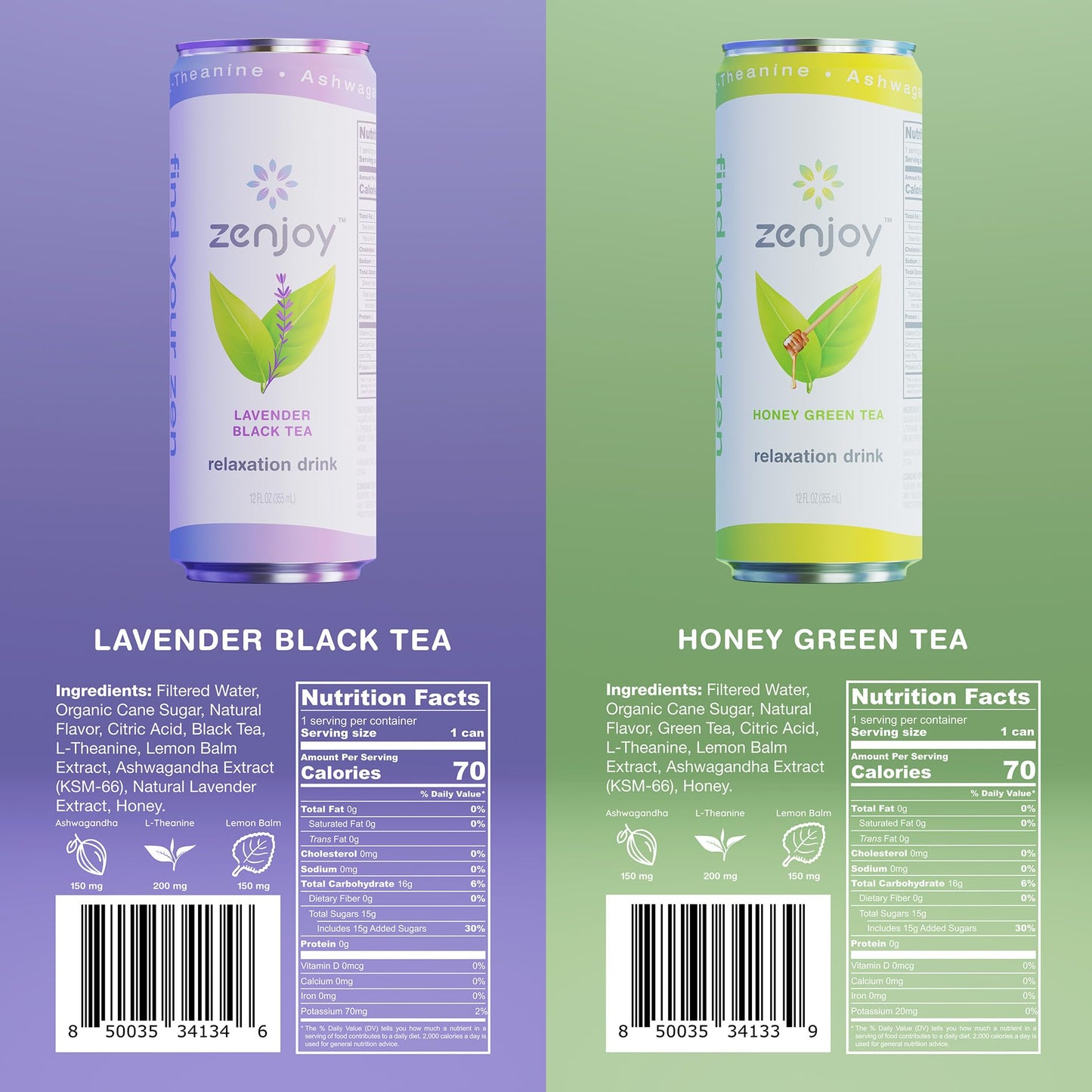 Zenjoy Lavender Black Tea Relaxation Drink 4 Pack  Calming Drink with Ashwagandha  Lemon Balm  NonAlcoholic Beverage Infused with LTheanine for Enhanced Focus  12oz Cans