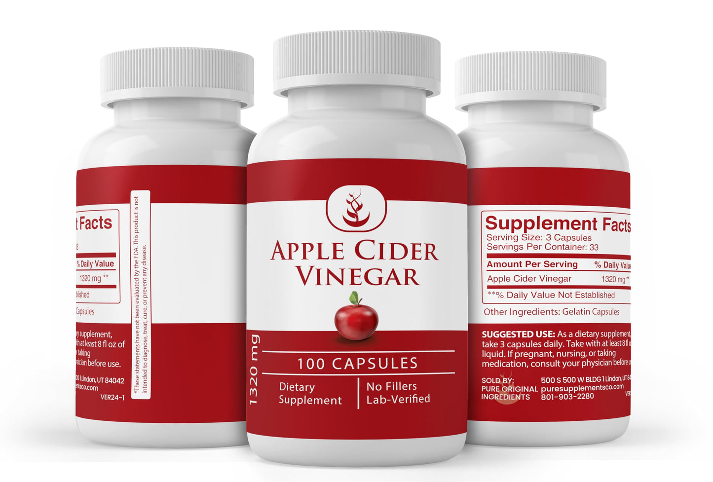 Pure Original Ingredients Apple Cider Vinegar, (100 Capsules) Always Pure, No Additives Or Fillers, Lab Verified