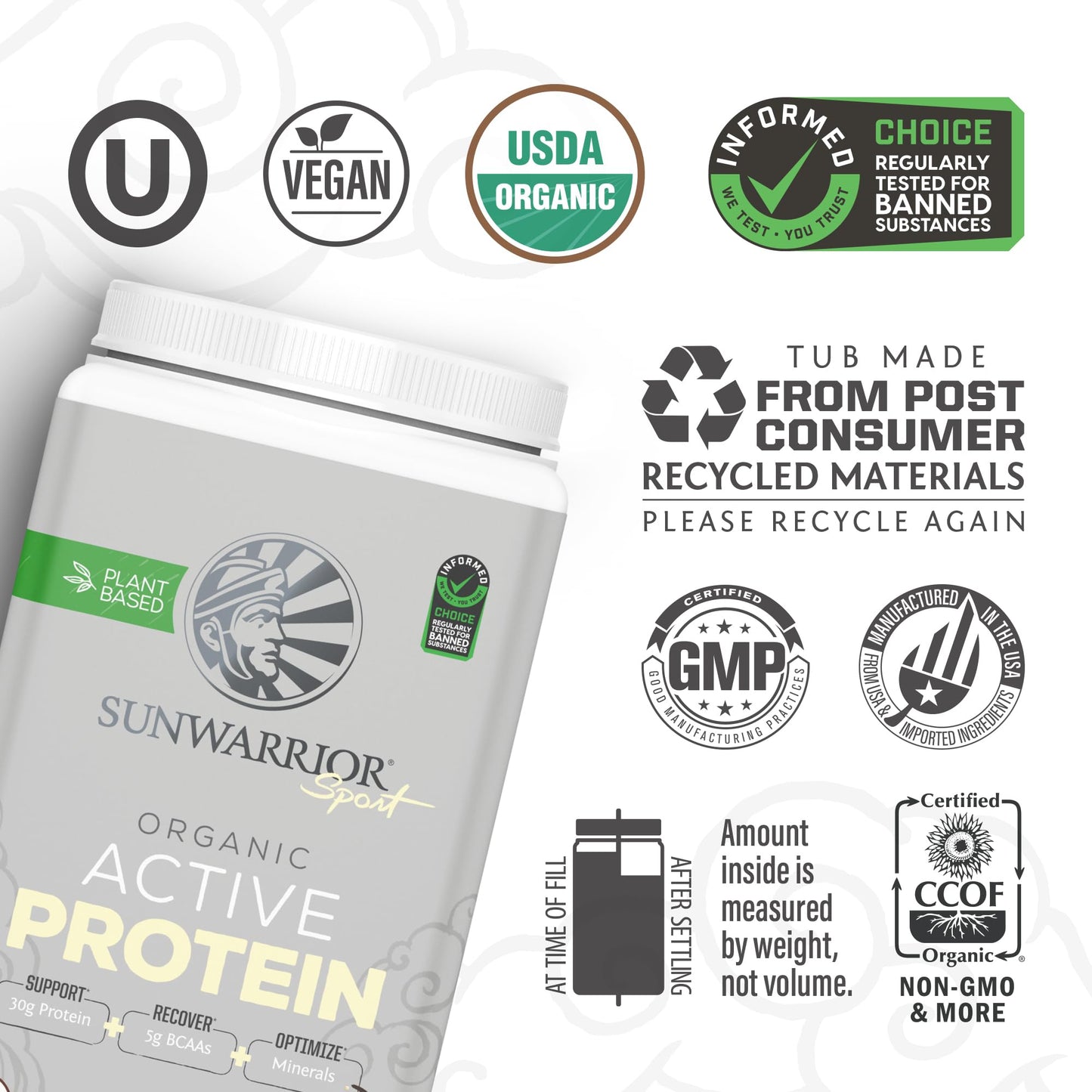 Sunwarrior Vegan Protein Powder Plant-Based USDA Organic BCAAs | Sugar, Gluten, Dairy Free Non-GMO | Vanilla Flavored 20 Servings | Sport Active