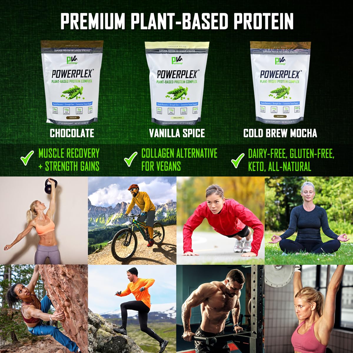 PhysiVantage POWERPLEX Vegan Protein Powder, Collagen Alternative - Organic Plant-Based Pea & Rice Protein, Dairy-Free, Non-GMO, Supports Muscle & Joint Recovery, Monk Fruit Sweetened 2 lb (Chocolate)