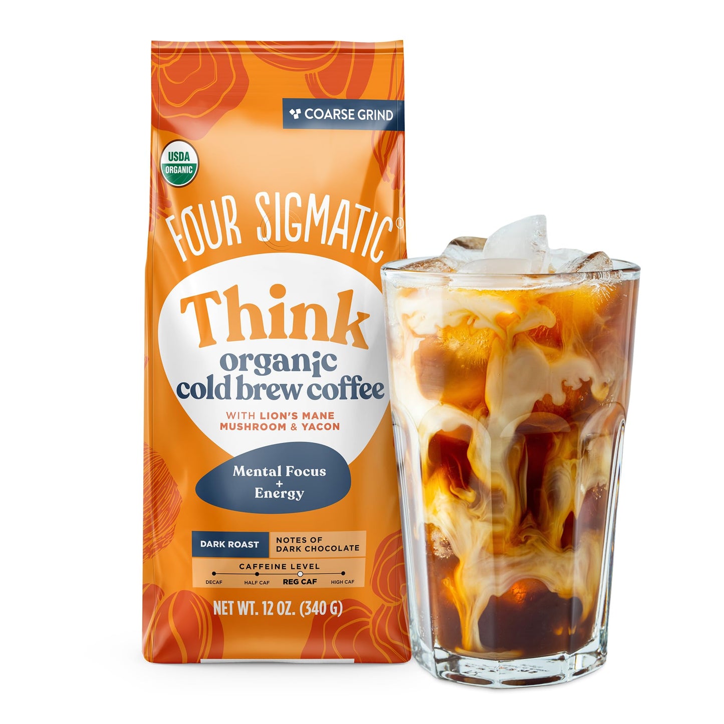 FOUR SIGMATIC Organic Cold Brew Coffee Grounds  Dark Roast Fair Trade Coarse Grounds with Lions Mane and Chaga  Cold Brew Mushroom Coffee for CrashFree Focus  12 oz Bag