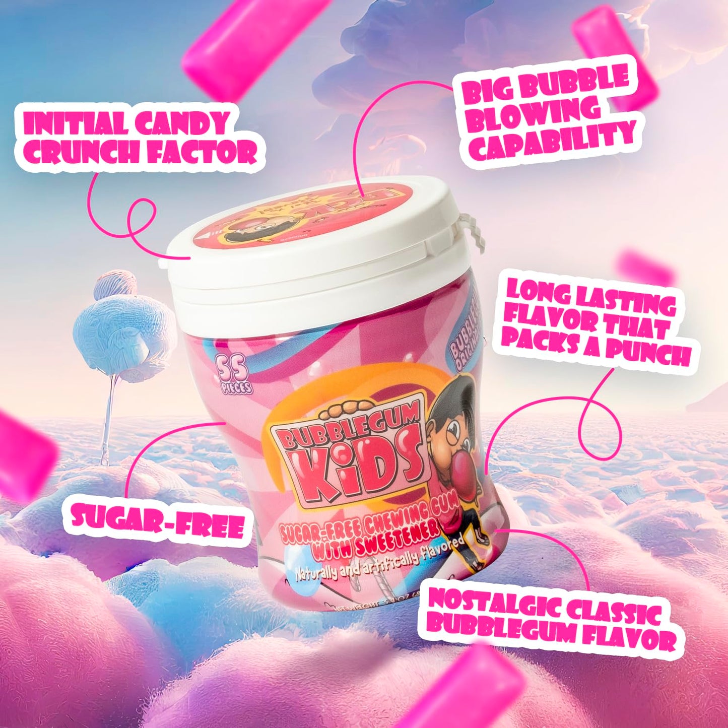 Bubblegum Kids SugarFree Gum  Classic Bubble Gum Flavor Sugar Free  Bubble Gum for Kids and Adults Craving Nostalgia  Vegan and Kosher Friendly Parent Approved Bubble Gum  Pack of 1