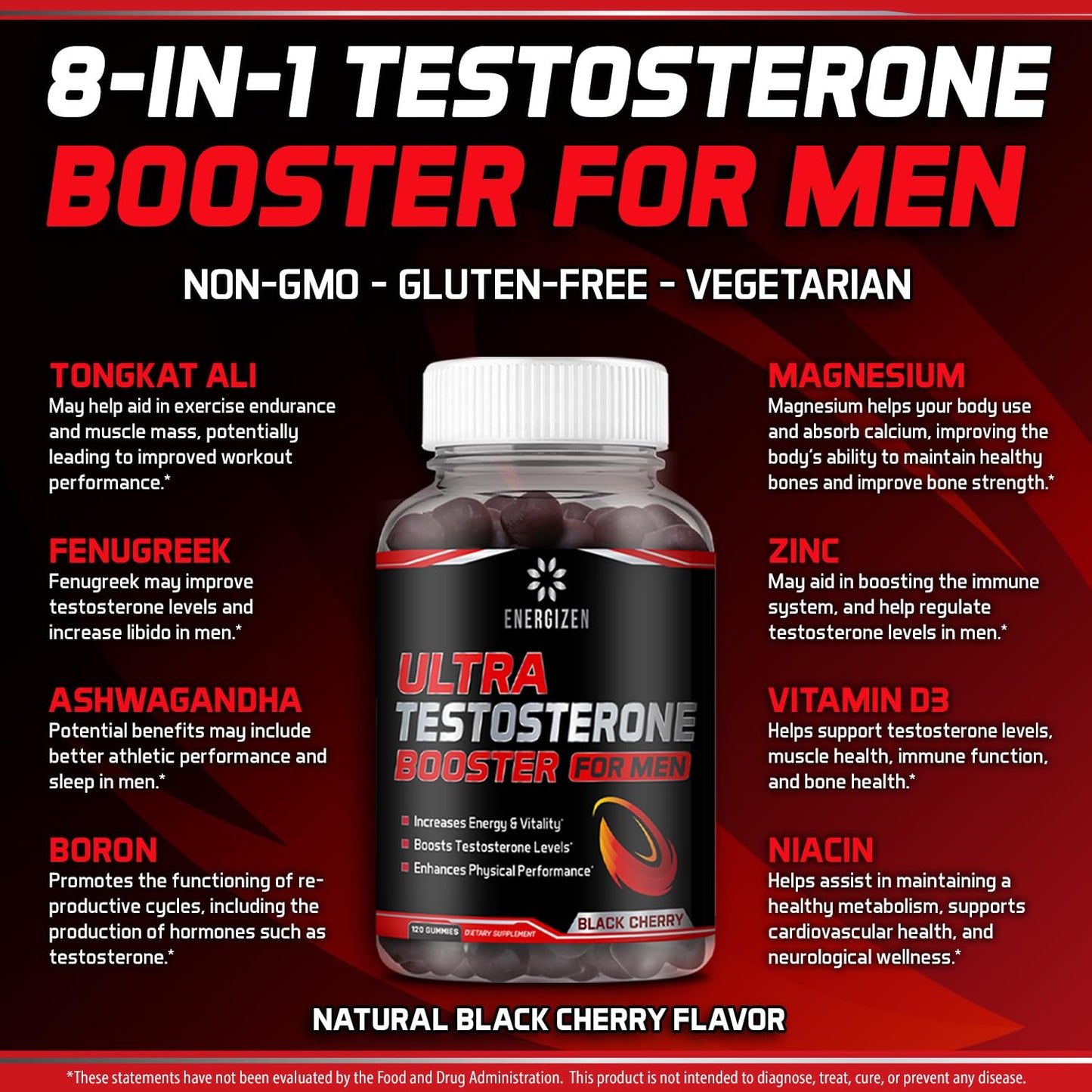 Energizen 8in1 Testosterone Booster for Men with Tongkat Ali, Fenugreek, Ashwagandha and Magnesium - Improve Libido & Hormonal Balance, Non GMO Made in the USA, Black Cherry, 120 Count Gummies for Men