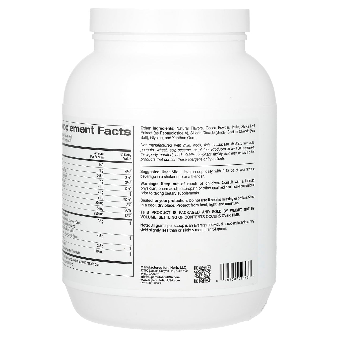 Super Nutrition Perfect Plant Protein, Chocolate, 2.2 lbs (1,020 g)