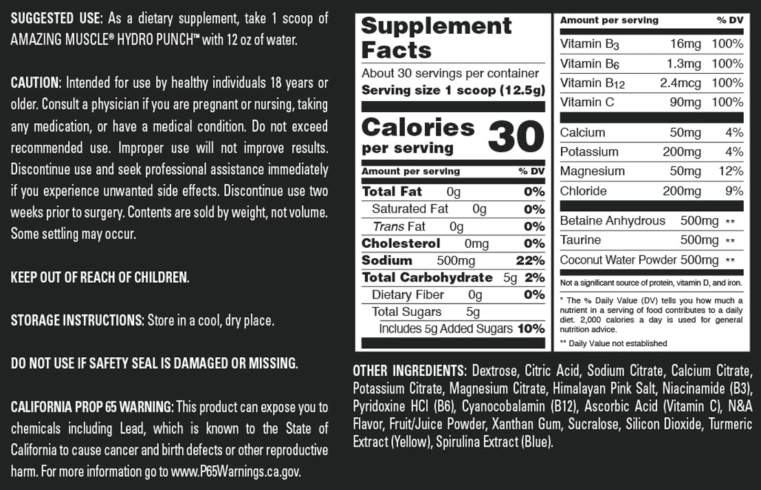 Amazing Muscle Hydro Punch Powder | Hydration + Electrolyte Blend | Contains Vitamin B, C, Betaine Anhydrous & More | 30 Servings (30 Servings, Lemon Lime)