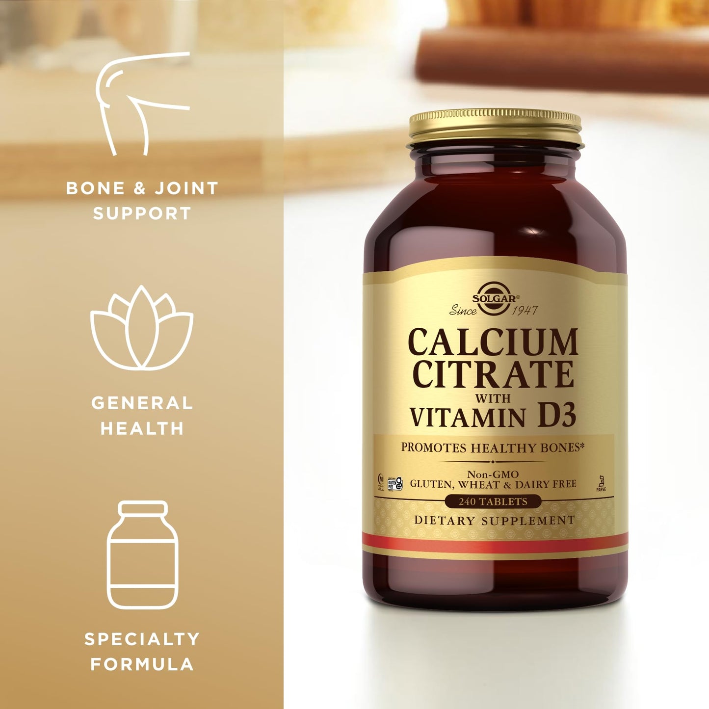 Solgar Calcium Citrate with Vitamin D3-240 Tablets - Non-GMO, Gluten Free, Kosher, Halal - 60 Servings