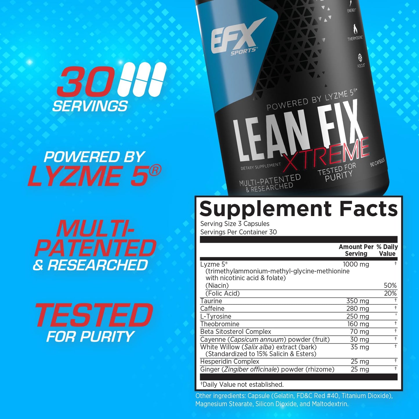 EFX Sports Lean Fix Xtreme | Weight Loss Supplement | Multi-Patented, Fat Burning Formula | Powered by Lyzme 5 | 30 Servings, 90 Capsules