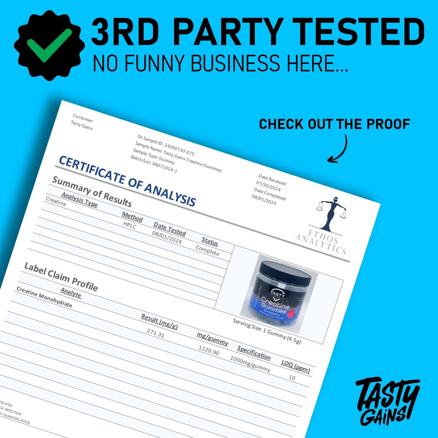 TASTY GAINS Creatine Infused Gummies, 90g of Creatine, Non-GMO, Vegan - Build Muscle & Boost Strength for Men & Women (1g Creatine Monohydrate Per Gummy) Made in USA