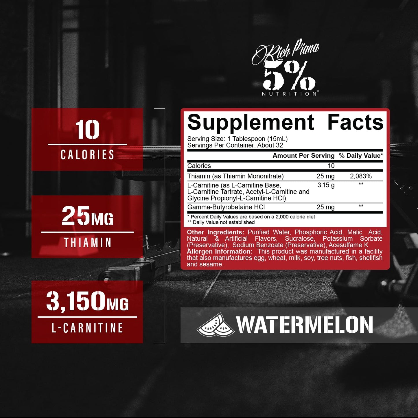 5% Nutrition Rich Piana Liquid L-Carnitine 3150 | Premium 4 Source Blend + GBB, The Super Carnitine (Watermelon Candy)