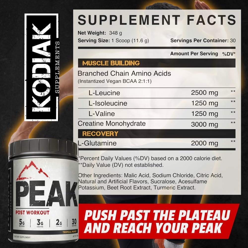Kodiak Supplements Creatine 3G Peak Post Workout Recovery Powder - 5G BCAA 2:1:1 - Glutamine 2G - Creatine Monohydrate Muscle and Strength Building Supplement - 30 Servings - Tropical Mango