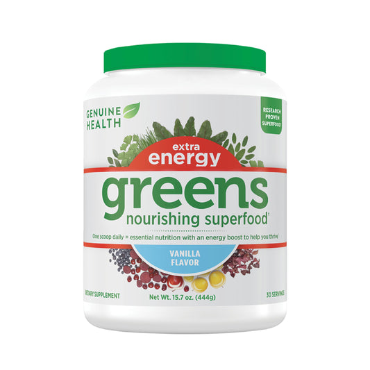 Genuine Health Greens + Extra Energy Superfood Powder, Provides an Immediate Energy Boost & Supports Gut Health, Vanilla Flavoured, 30 Servings