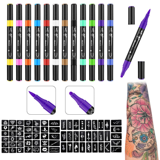 Ponhey Temporary Tattoo Markers for Skin, 12 Body Markers+67 Large Tattoo Stencils,Dual-End Tattoo Pens,Fine Lines with Cosmetic-Grade,Flexible Body Markers, Skin-Safe Face Paint Kit for Adults