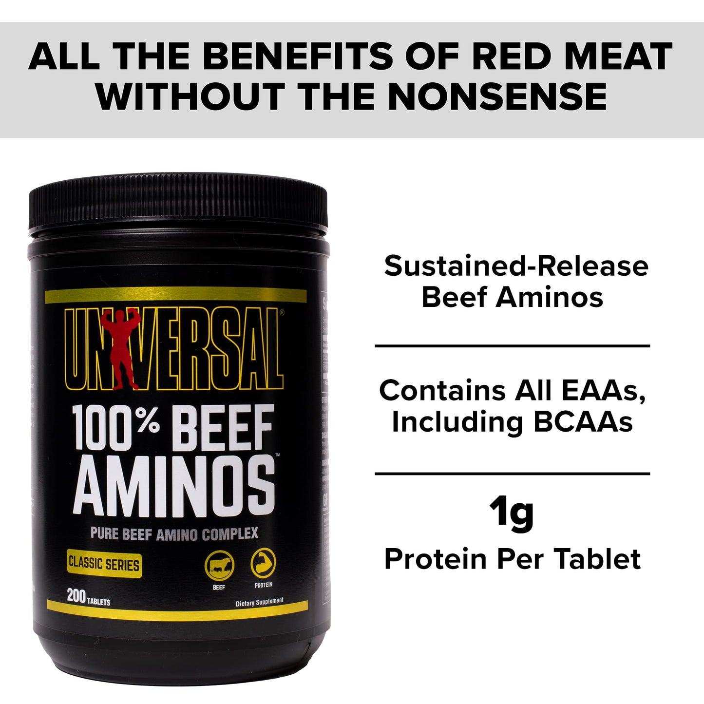 Universal Nutrition - 100% Beef Aminos -3g of Beef Protein Isolate for Recovery and Growth - 200 Tabs