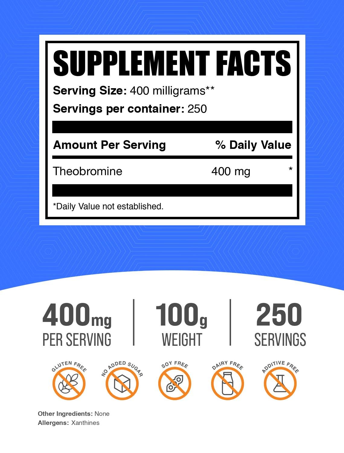 BulkSupplements.com Theobromine Powder - Theobromine Supplement, Nootropic Supplement - Energy Support, Gluten Free, 400mg per Serving, 250 Servings, 100g (3.5 oz) (Pack of 1)