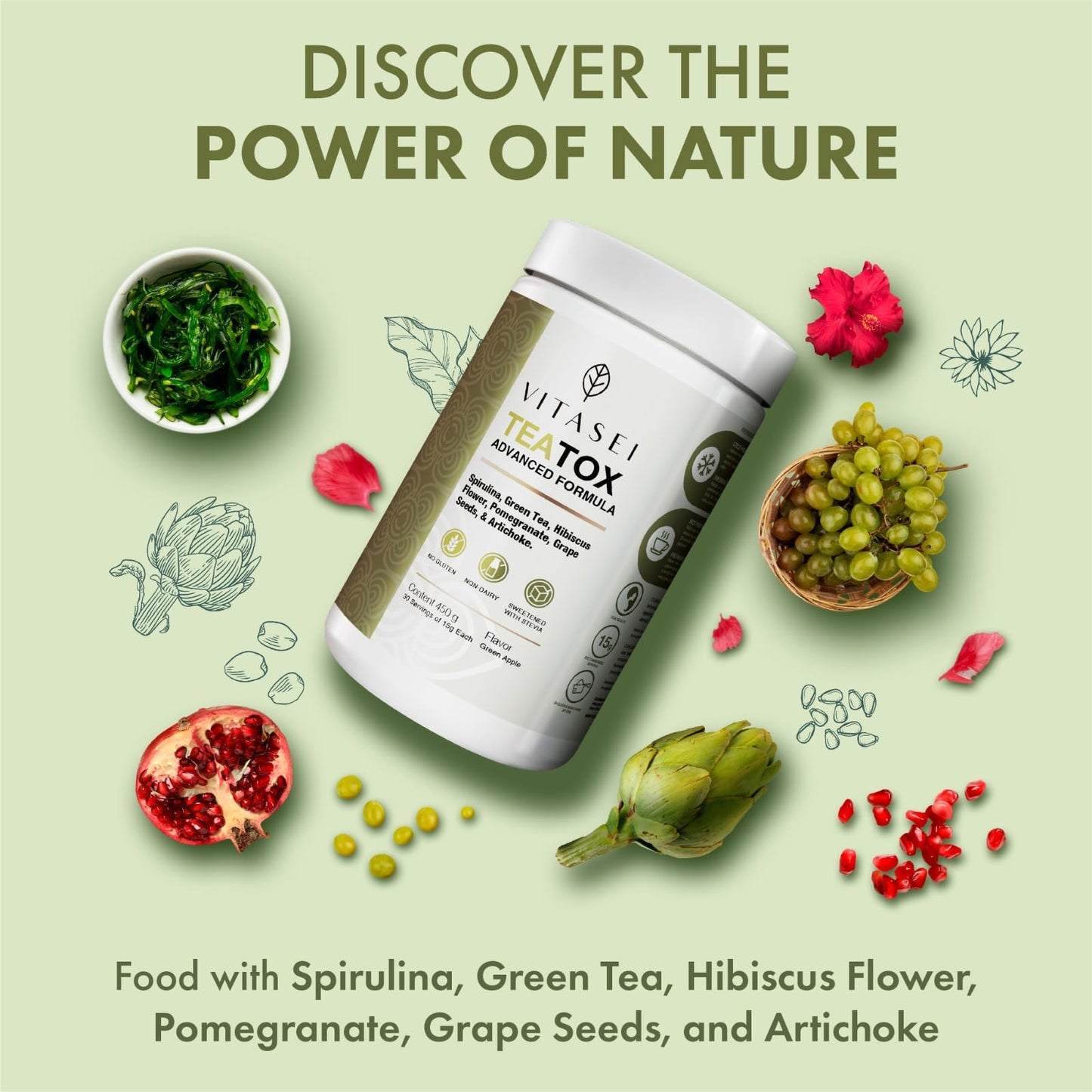 Vitasei Teatox Detox & Cleanse Support Powder, Digestion Booster W/Green Tea, Spirulina, Artichoke, Jamaican Flower & Grape Seeds, Support Supplement & Meal Replacement Powder, Green Apple Flavor 16oz