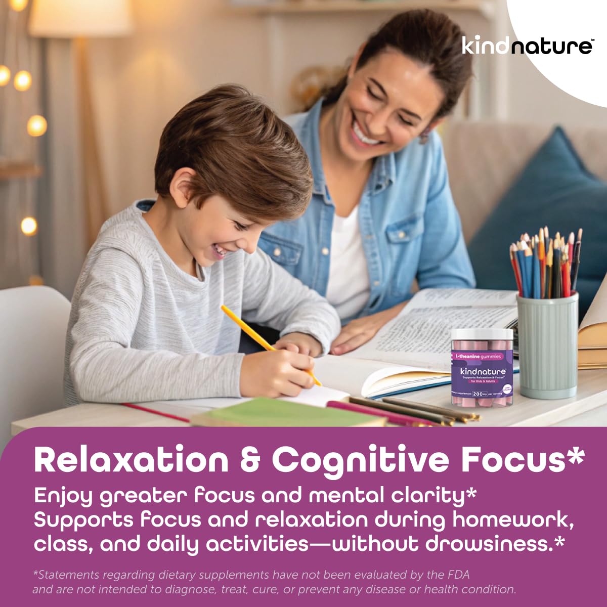 Kind Nature L-Theanine Gummies 200mg - Vegan Relaxation & Focus Supplement for Adults & Kids Ages 4+ - Low Calorie Stress Relief Gummies for Calm, Clarity & Anxiety Support - Mixed Berry Chewable