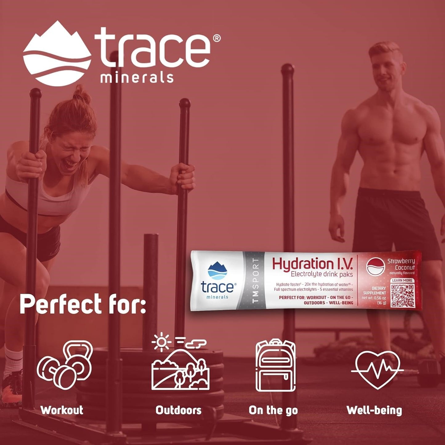 Trace Minerals | Hydration I.V. Electrolytes Powder Packets | Full Spectrum Recovery Mineral Mix for Rapid Rehydration, Natural Energy and Muscle Stamina | Strawberry Coconut | 16 Travel Packs