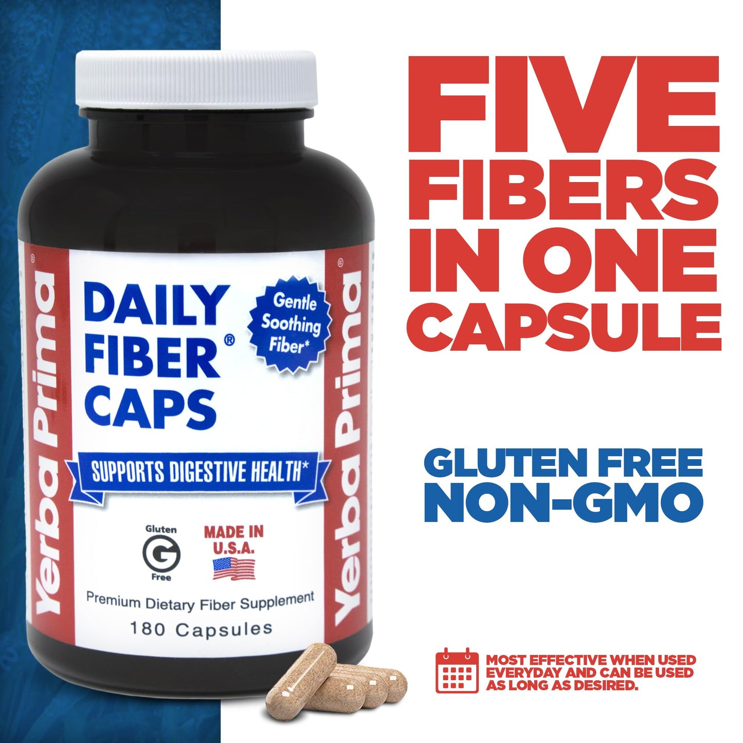 Yerba Prima Daily Fiber Caps - 180 Capsules, (Pack of 4) - Soluble & Insoluble Dietary Fiber Supplement - Colon Cleanse - Gut Health - Vegan, Non-GMO, Gluten-Free