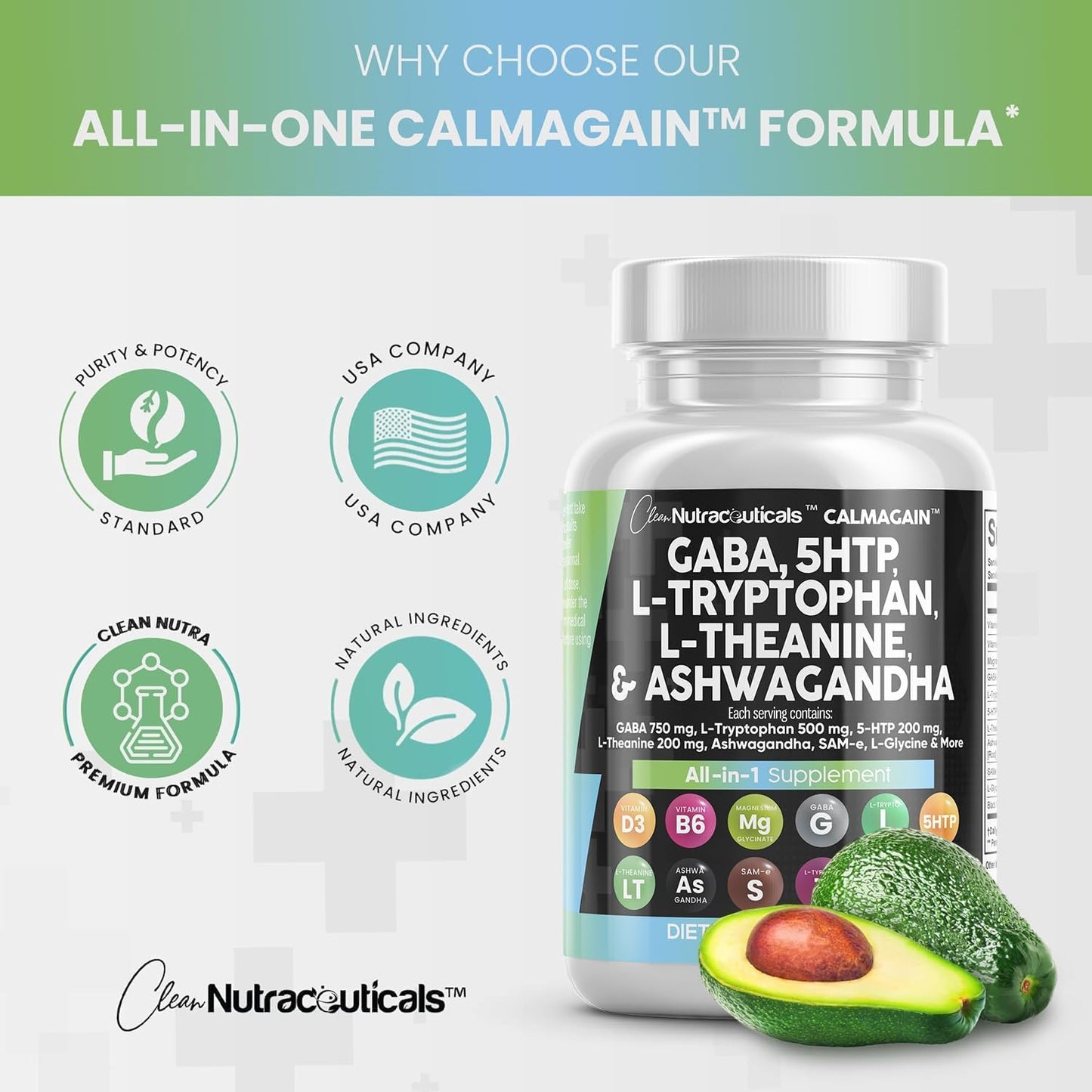 Clean Nutraceuticals GABA 750mg 5 HTP 200mg L Tryptophan 500mg L Theanine 200mg Ashwagandha SAM-e L-Glycine - Mood Support Vitamins for Women and Men with L-Tyrosine (90 Count (Pack of 2))