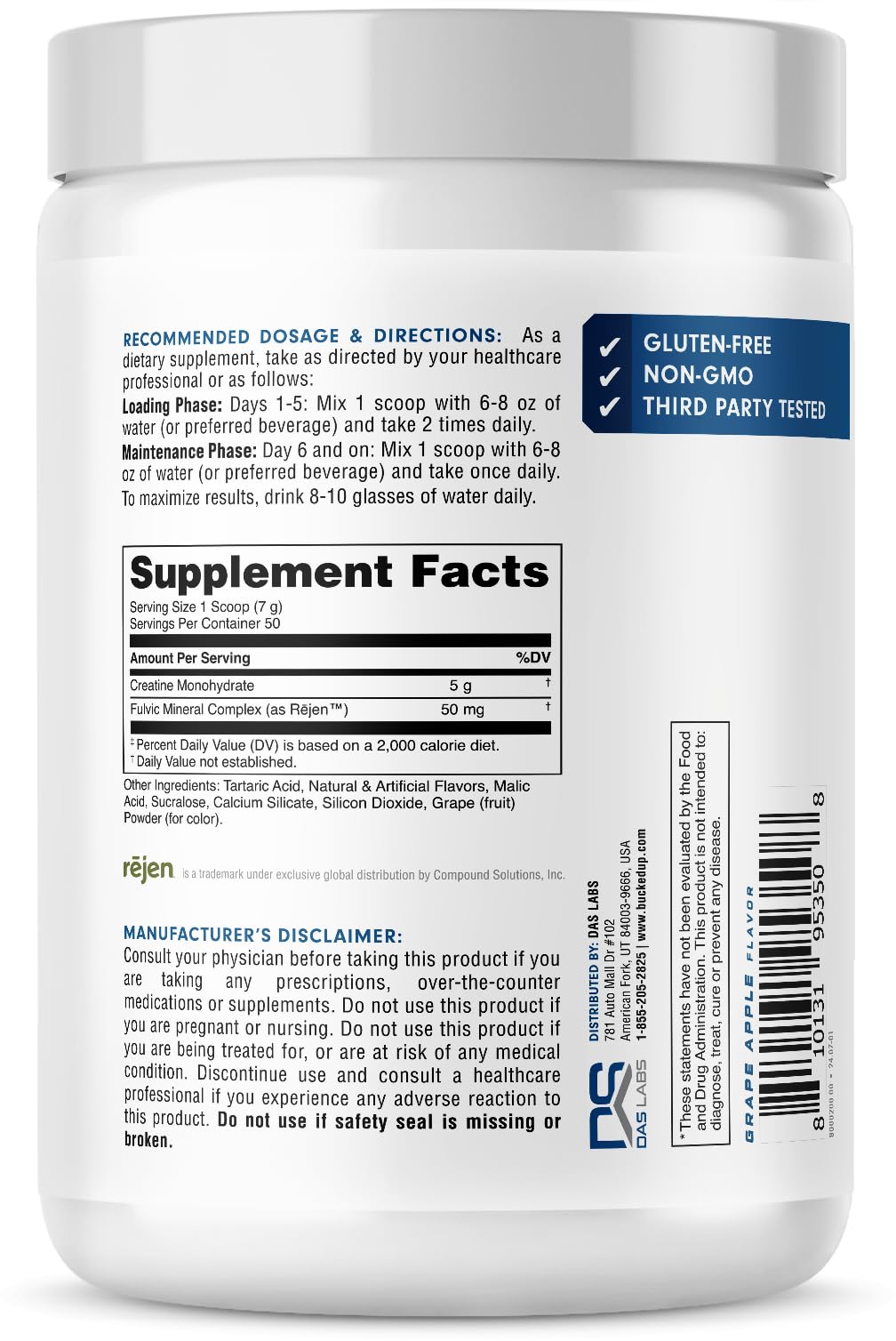 Bucked Up Grape Apple Creatine for Women and Men - Easy to Mix Vegetarian - Flavored Creatine Monohydrate Powder - Made in USA - 5G Per Serving - 50 Servings - 250 Grams Per Container
