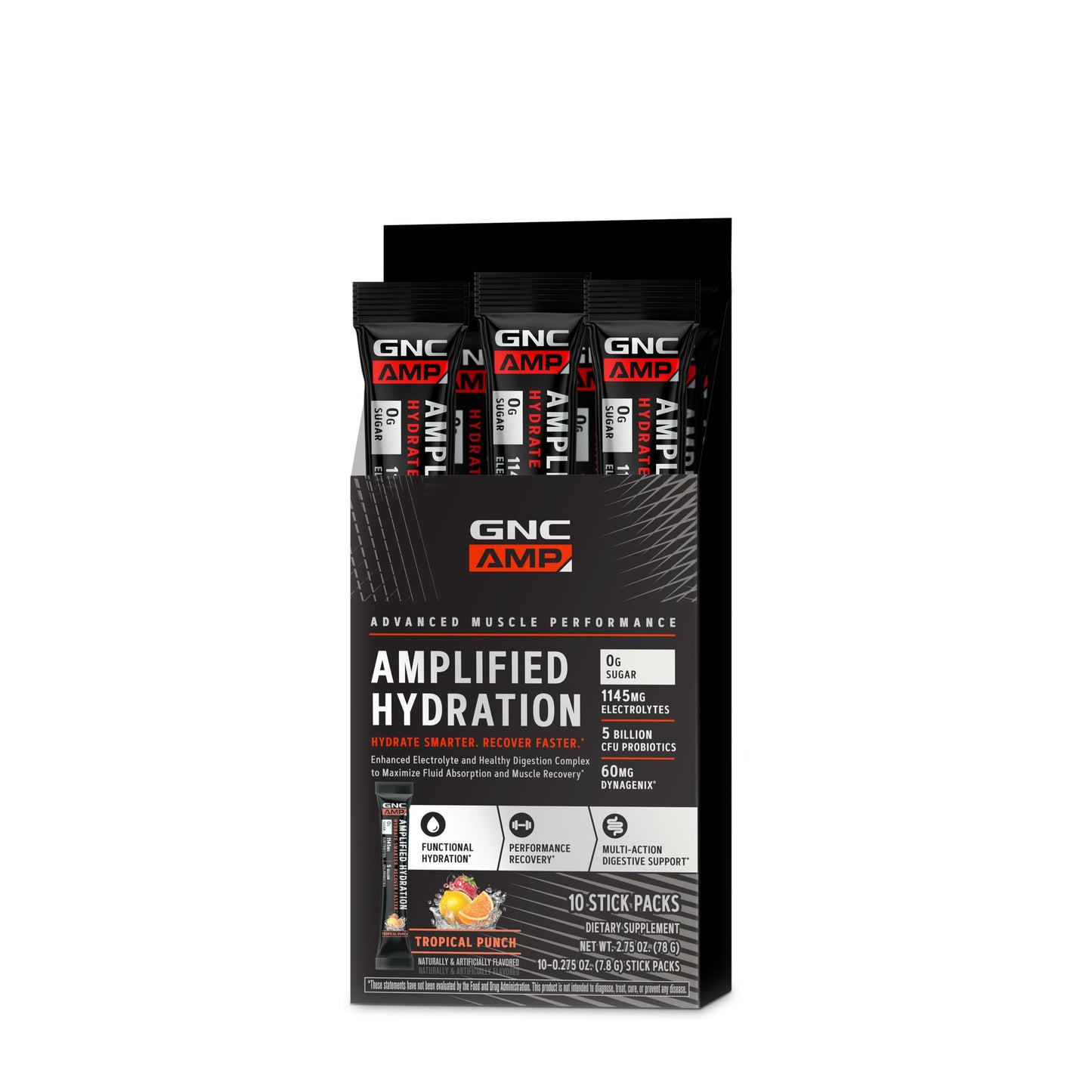 GNC AMP Amplified Hydration Electrolyte Powder Drink Mix | Enhanced Electrolyte & Healthy Digestion Complex | Tropical Punch | 10 Count