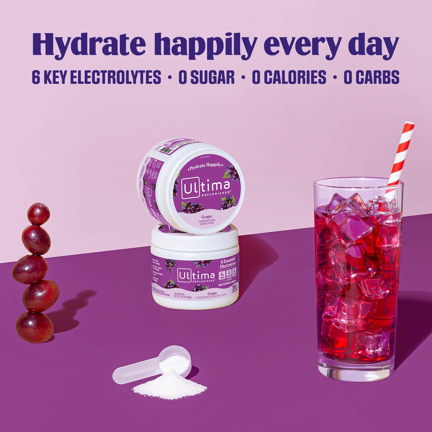 Ultima Replenisher Daily Electrolyte Powder Drink Mix - Grape, 30 Servings - Hydration Powder with 6 Key Electrolytes and Trace Minerals - Keto Friendly, Vegan, Non-GMO and Sugar-Free