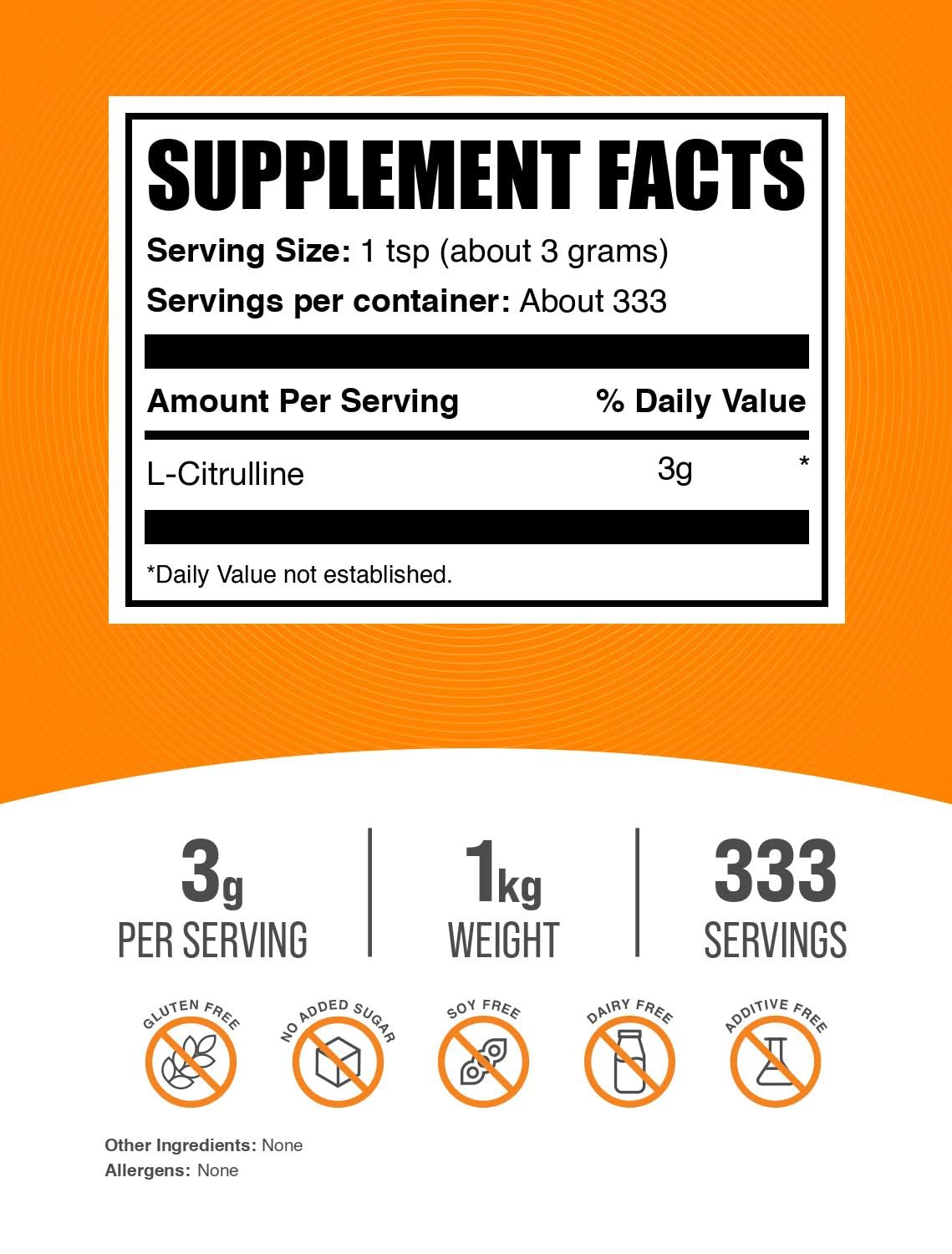 BulkSupplements.com L-Citrulline Powder - Citrulline Supplement, Nitric Oxide Supplement - Unflavored & Gluten Free - 3g per Servings, 1kg (2.2 lbs) (Pack of 1)