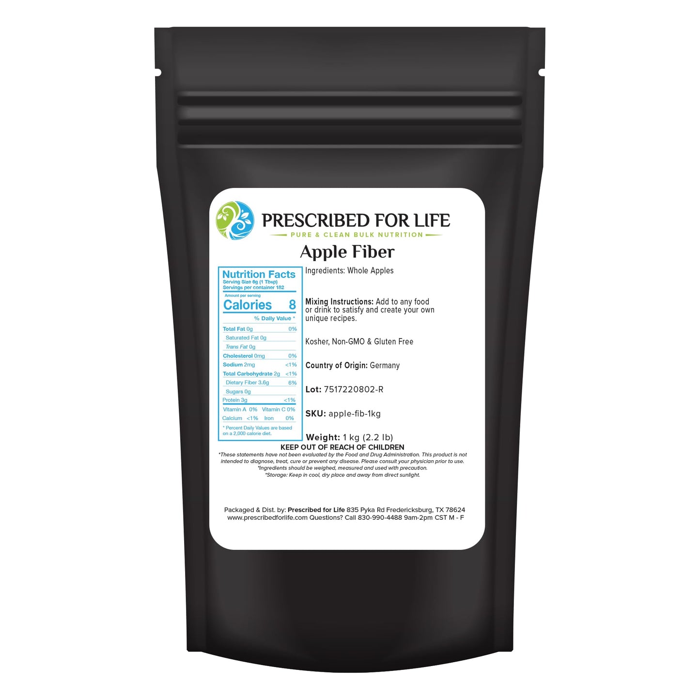 Prescribed For Life Apple Fiber Powder, Natural Apple Pectin Fiber Supplement for Digestive Health, Vegan, Non GMO, Gluten Free (1kg / 2.2lb)