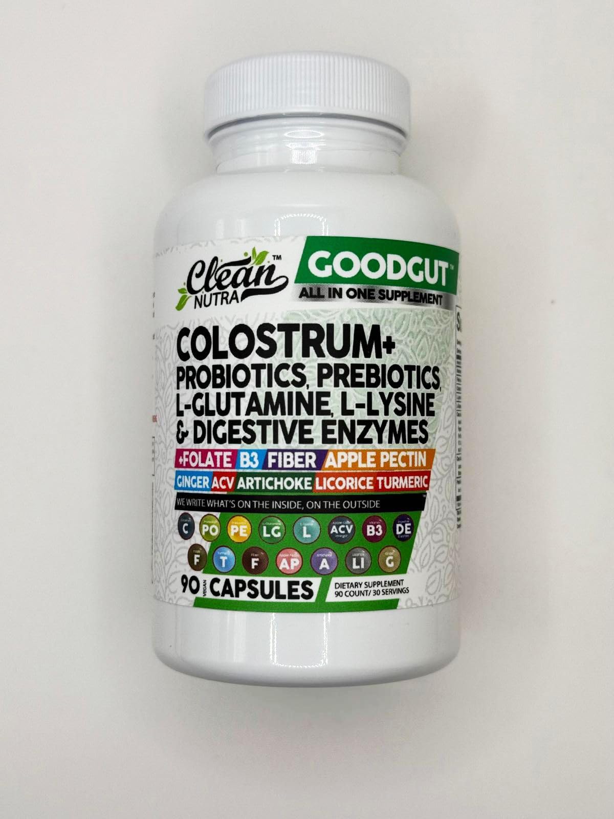 Clean Nutraceuticals Colostrum Supplement Capsules Probiotics Pills Prebiotics, L-Glutamine, Digestive Enzymes, Folate, Fiber, ACV, Turmeric, Apple Pectin and Turmeric Good Gut