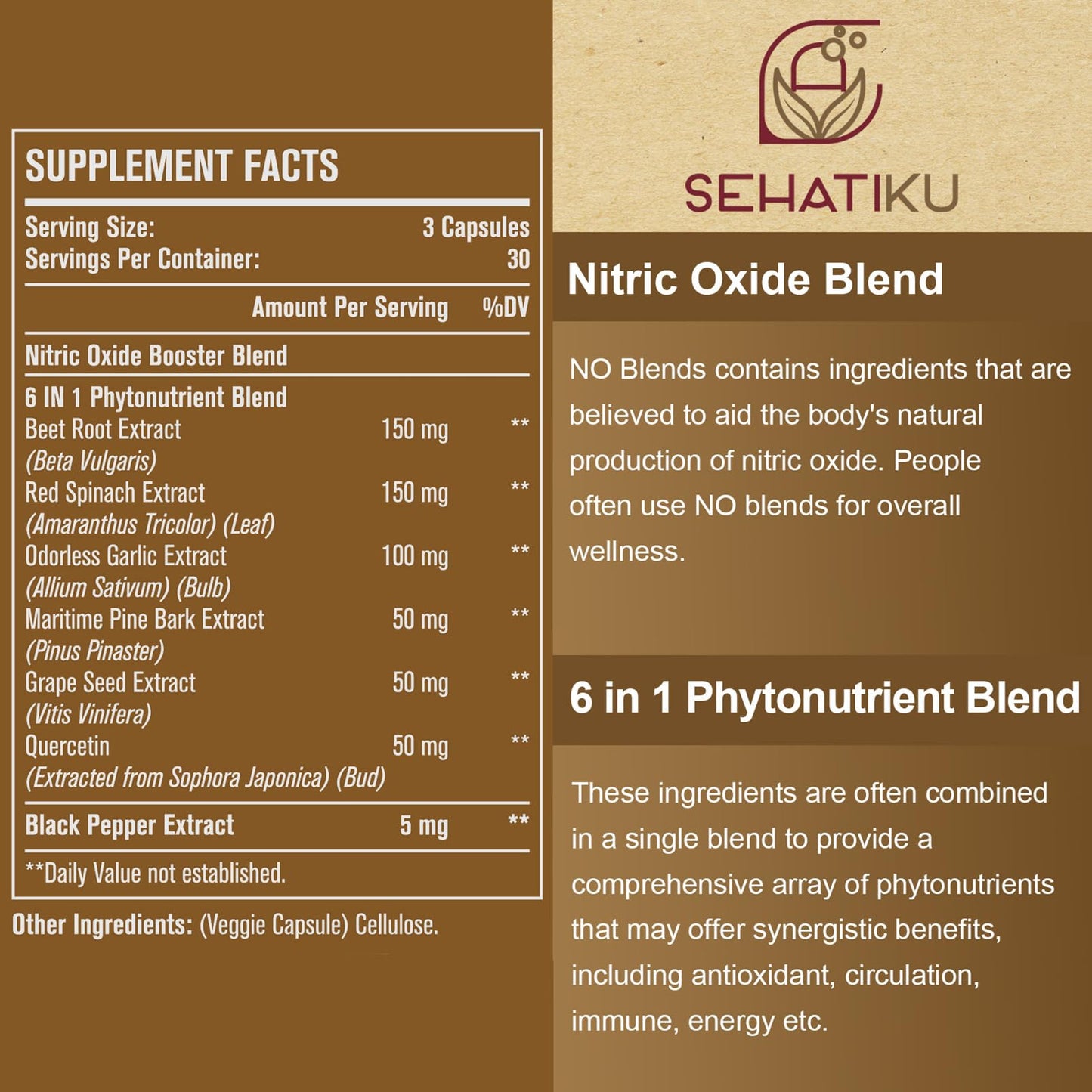 SehatiKu Nitric Oxide Supplement, Nitric Oxide Booster & 6-in-1 Phytonutrient Blend for Heart, Circulation, Immune - 90 Capsules (1 Bottle)