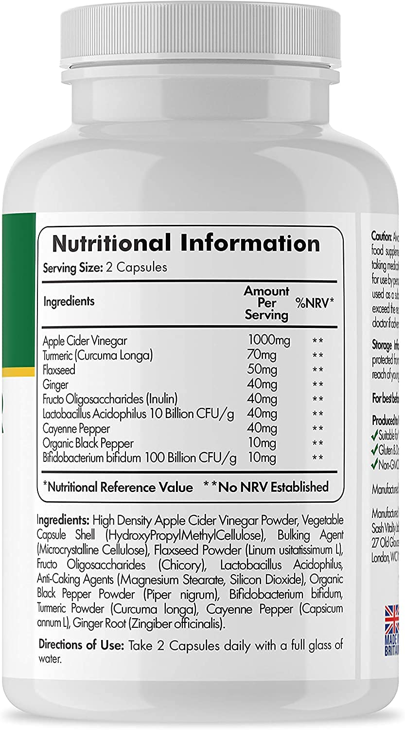Raw Apple Cider Vinegar Complex - 1300MG - with Turmeric, Ginger, Probiotics 200 Billion & Prebiotics, Cayenne Pepper, Turmeric, Ginger, Black Pepper & Flaxseed (Apple Cider Vinegar 120 Capsules)