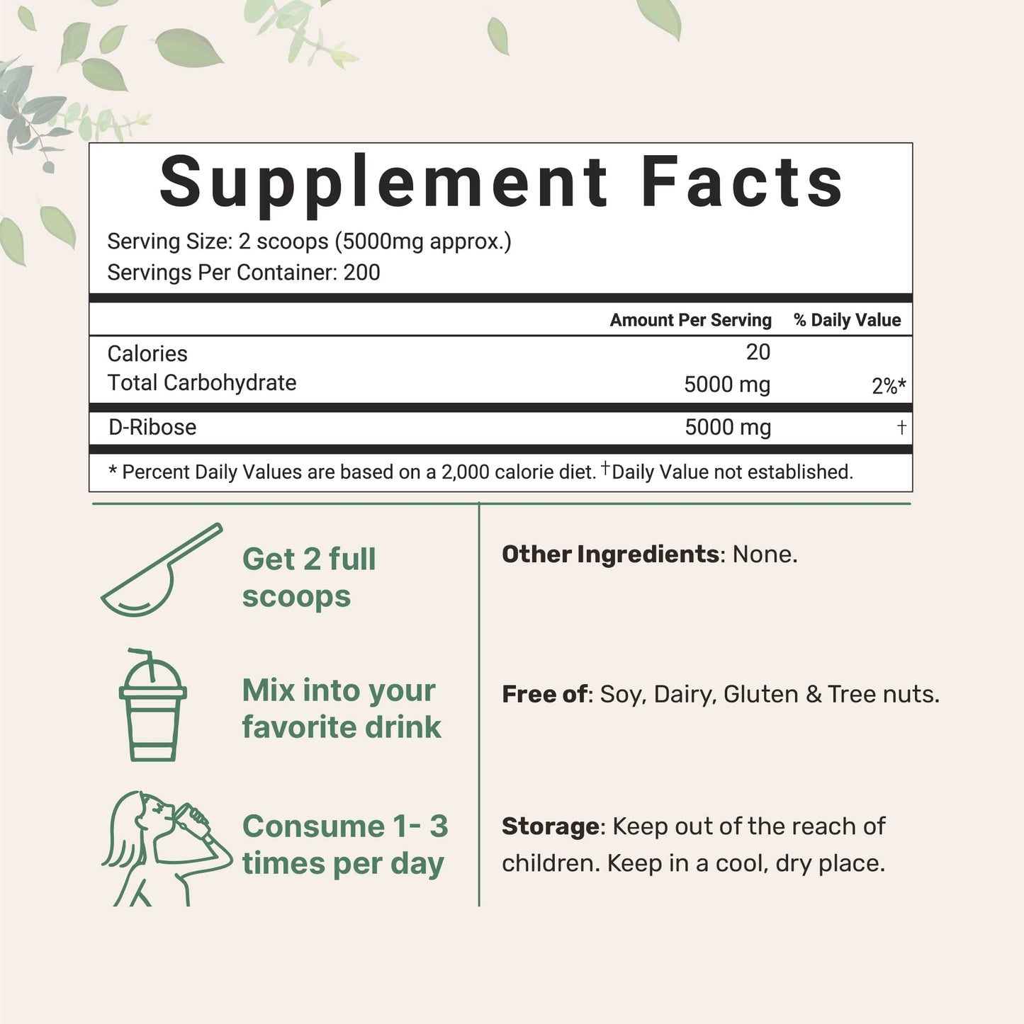 Pure D Ribose Powder, 1 KG (2.2 Pound & 200 Servings) - Hair Support Supplement, Natural Simple Sugar, Dissolves Clear, Pharmaceutical Grade - Filler Free, No GMOs, No Gluten & Water Soluble