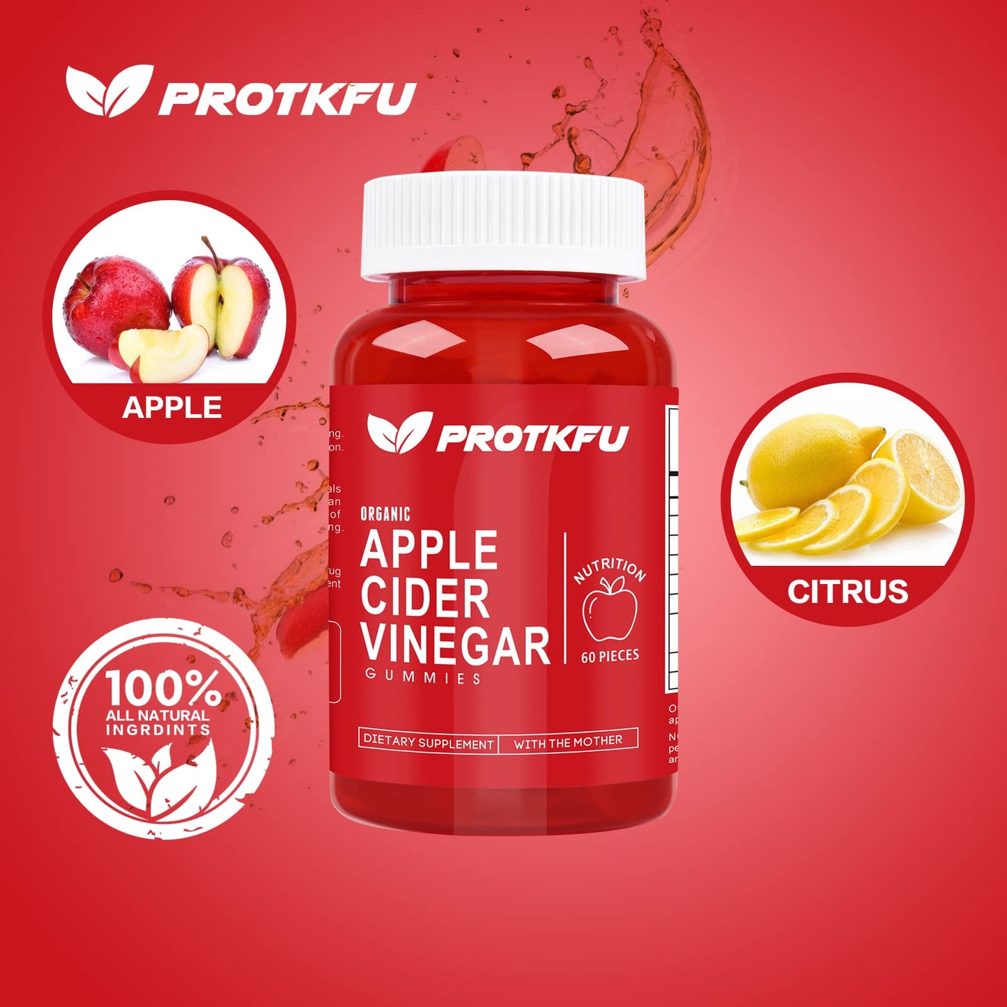 ProTKFU Apple Cider Vinegar Gummies, 120 Count Max Strength 1000mg ACV Gummies with Vitamin B12 & B6 Gummies, for Metabolism, Digestion, Detox, Gut & Immune Health, Vegan & Non-GMO, Gelatin-Free
