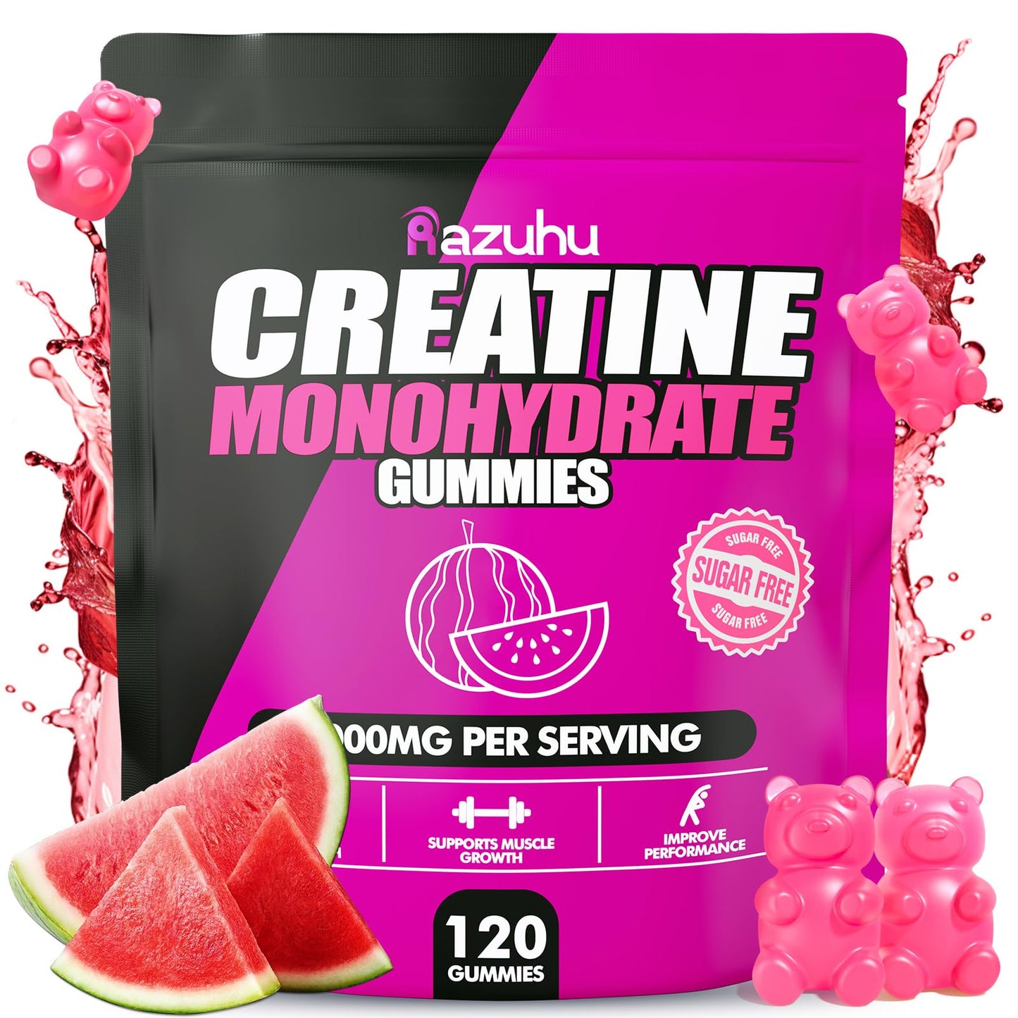 Razuhu Creatine Monohydrate Gummies for Men & Women, 4g of Creatine Monohydrate per Serving for Maximum Power Strength, Performance, Sugar Free, Vegan, Pre-Workout Supplement(120 Count)-Watermelon